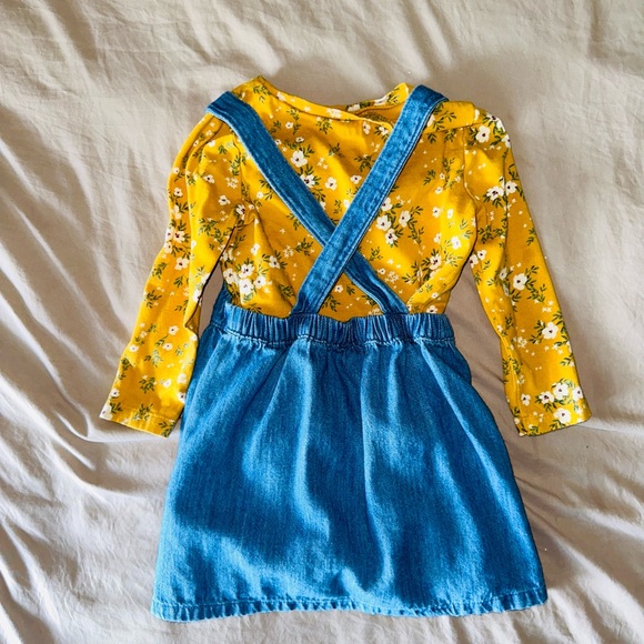 2 Piece Denim Dress + Long Sleeve Floral Tee Outfit Skirtall 2T Toddler Girl - Picture 5 of 6